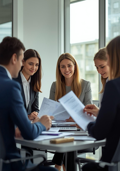 Group of professionals in a modern conference room discussing documents, representing business and HOA consulting services in Madison, WI.