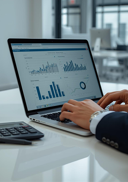 Professional reviewing financial charts and reports on a laptop, symbolizing accurate accounting and financial oversight services in Madison, WI.