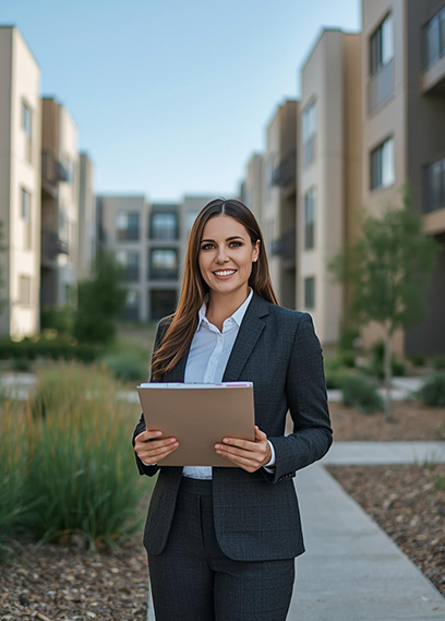 Property manager inspecting a modern apartment complex with clipboard, representing professional property management services in Madison, WI.