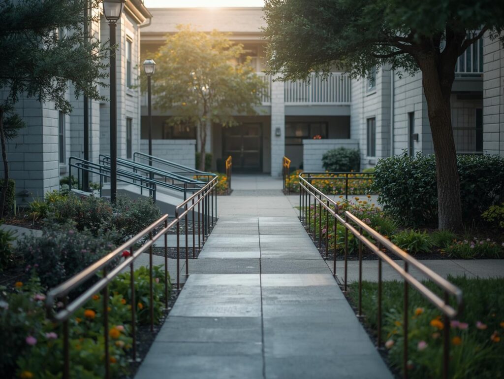 Accessible apartment courtyard managed by BMC property management Madison, showing ramps, handrails, and landscaped paths.